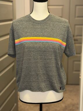 Aviator Nation Gray Tee with Yellow, Orange, Pink, Blue Stripes